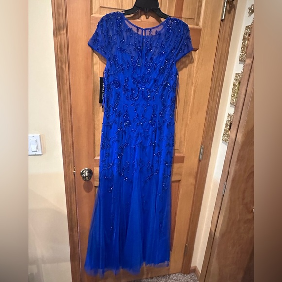 Badgley Mischka Royal Blue Beaded Gown Sheer Mesh Cap Sleeve FormalEvening  Dress